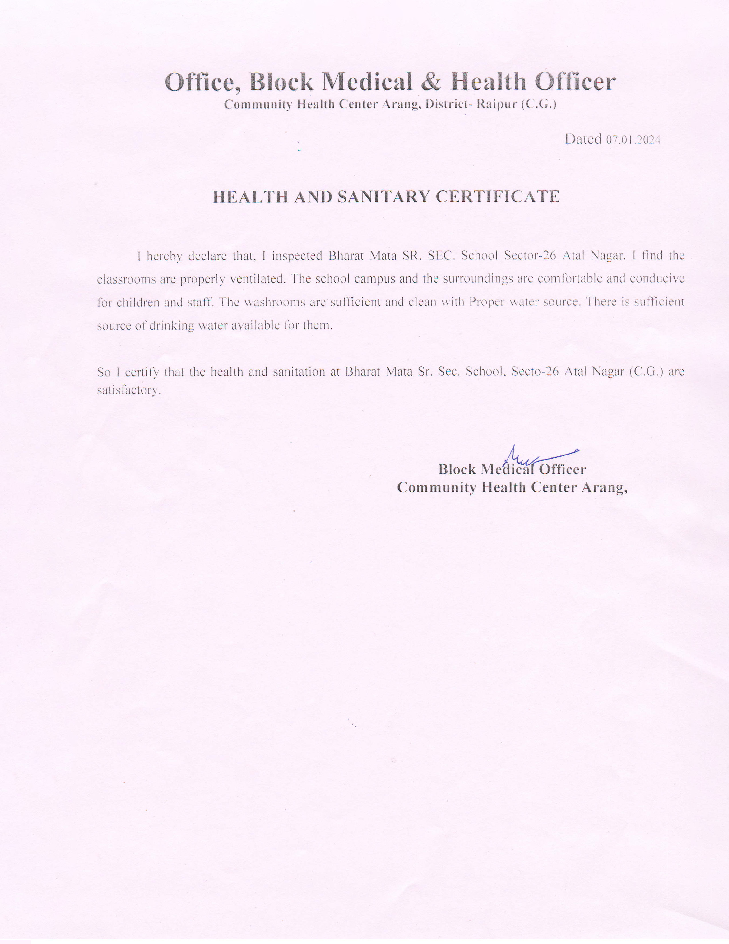 Water, Health Certificate